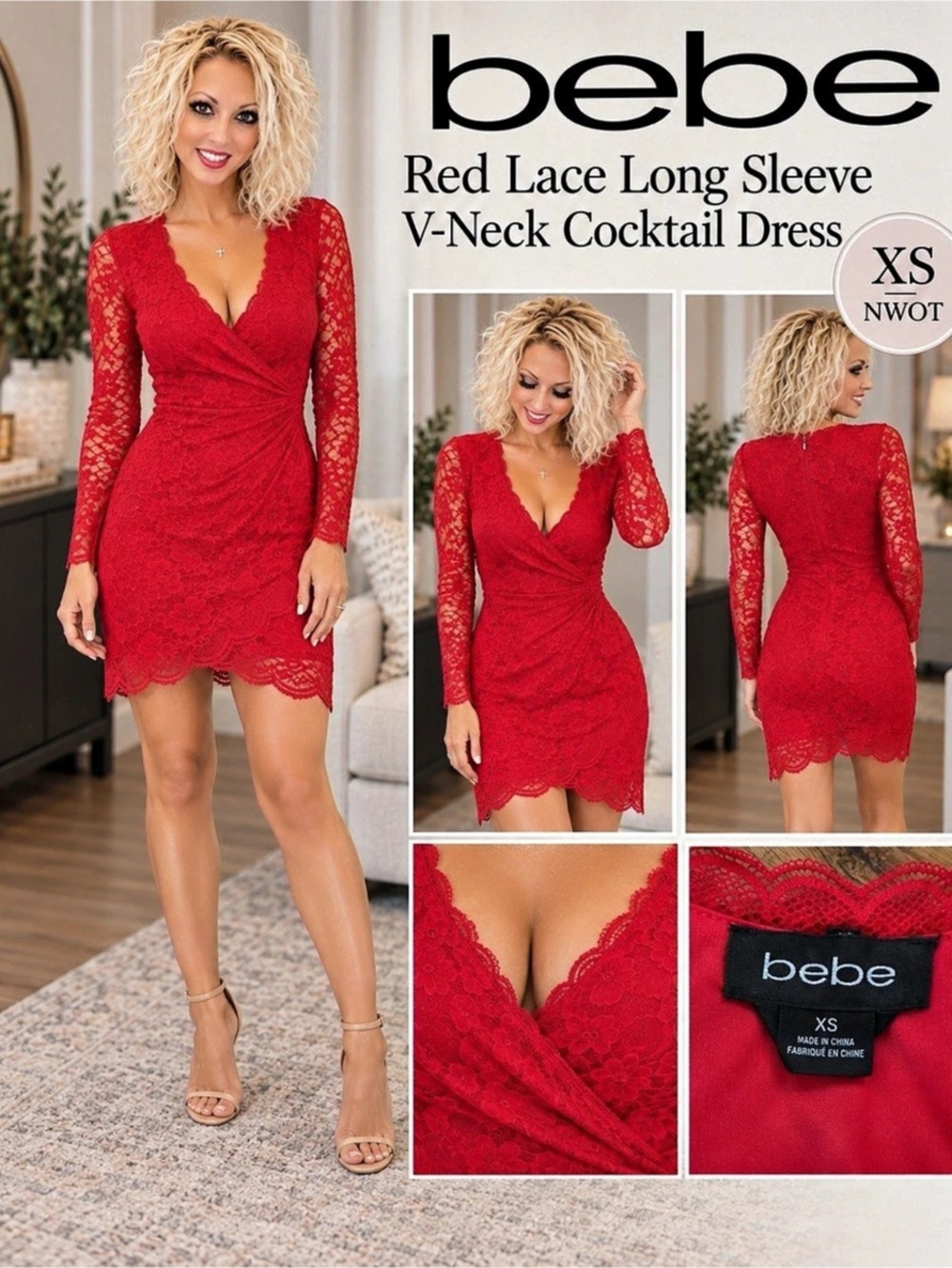 bebe Red Lace Long Sleeve V-Neck Mini Dress Size XS NWT